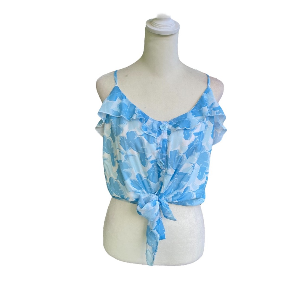 Shein Pastel Blue Light Flowy Front Tie Floral Crop Top Blouse